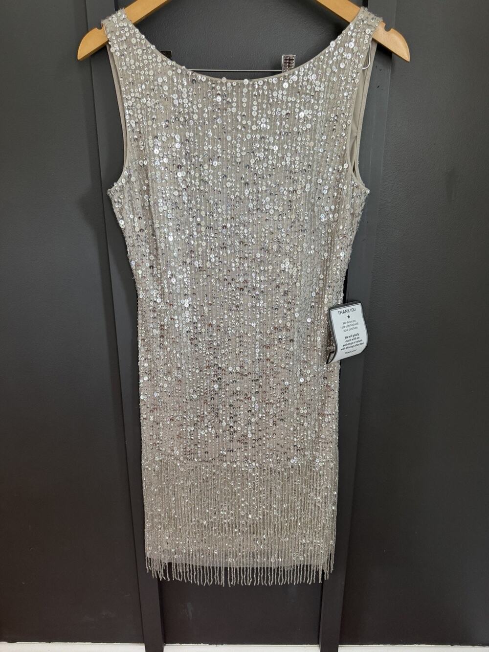 Adrianna Papell Beaded Fringe Cocktail Dress Silver Sequins Women's Size 8 NEW